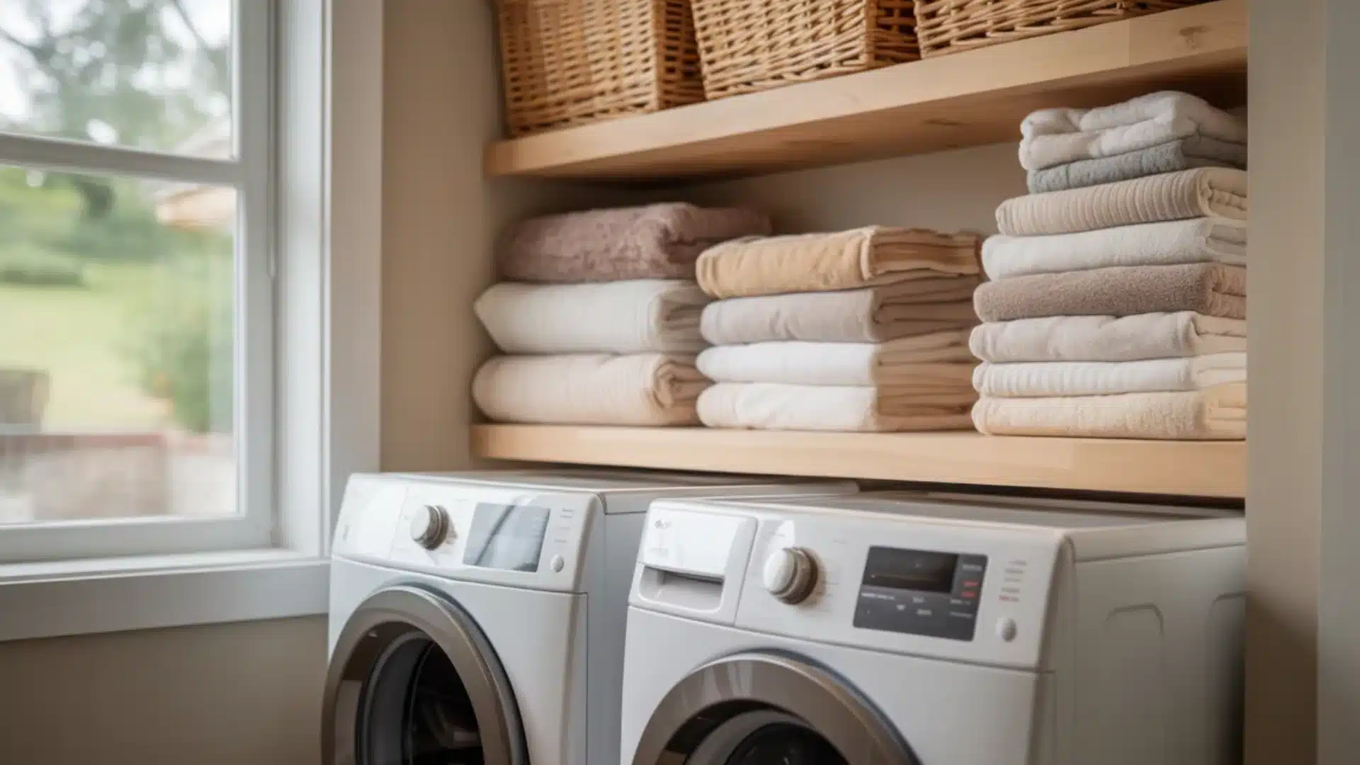 Two white washing machines sit below wooden shelves holding stacked neutral towels and wicker baskets near a large window (1)