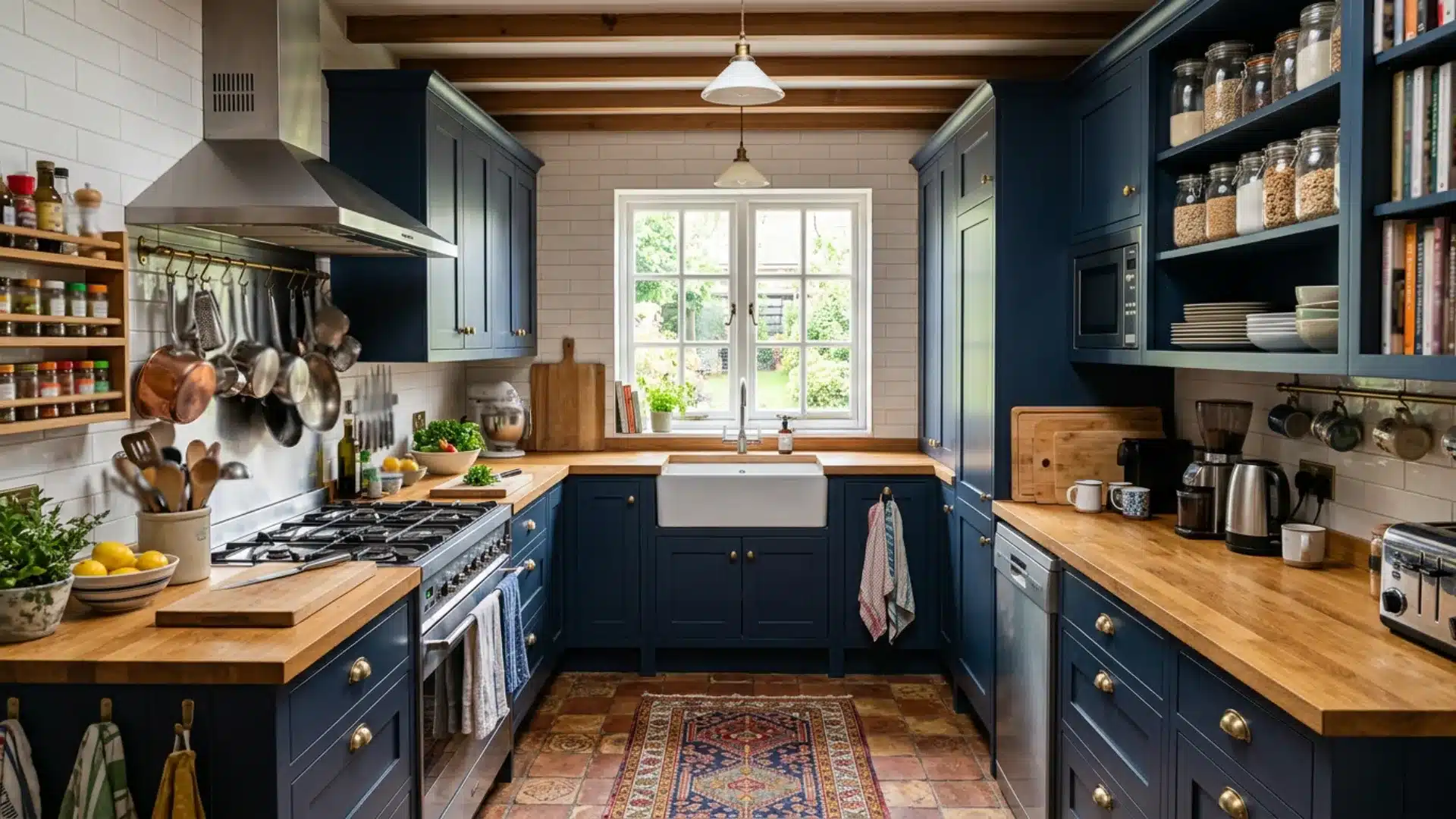U-shaped kitchen featuring deep navy blue cabinetry, butcher block countertops, white subway tile backsplash, and terracotta floor tiles, centered around a window above a farmhouse sink