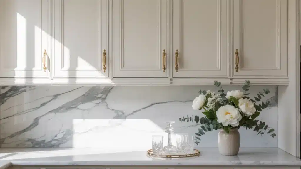 White cabinets with gold handles sit above a marble backsplash and counter featuring white flowers and crystal glasses