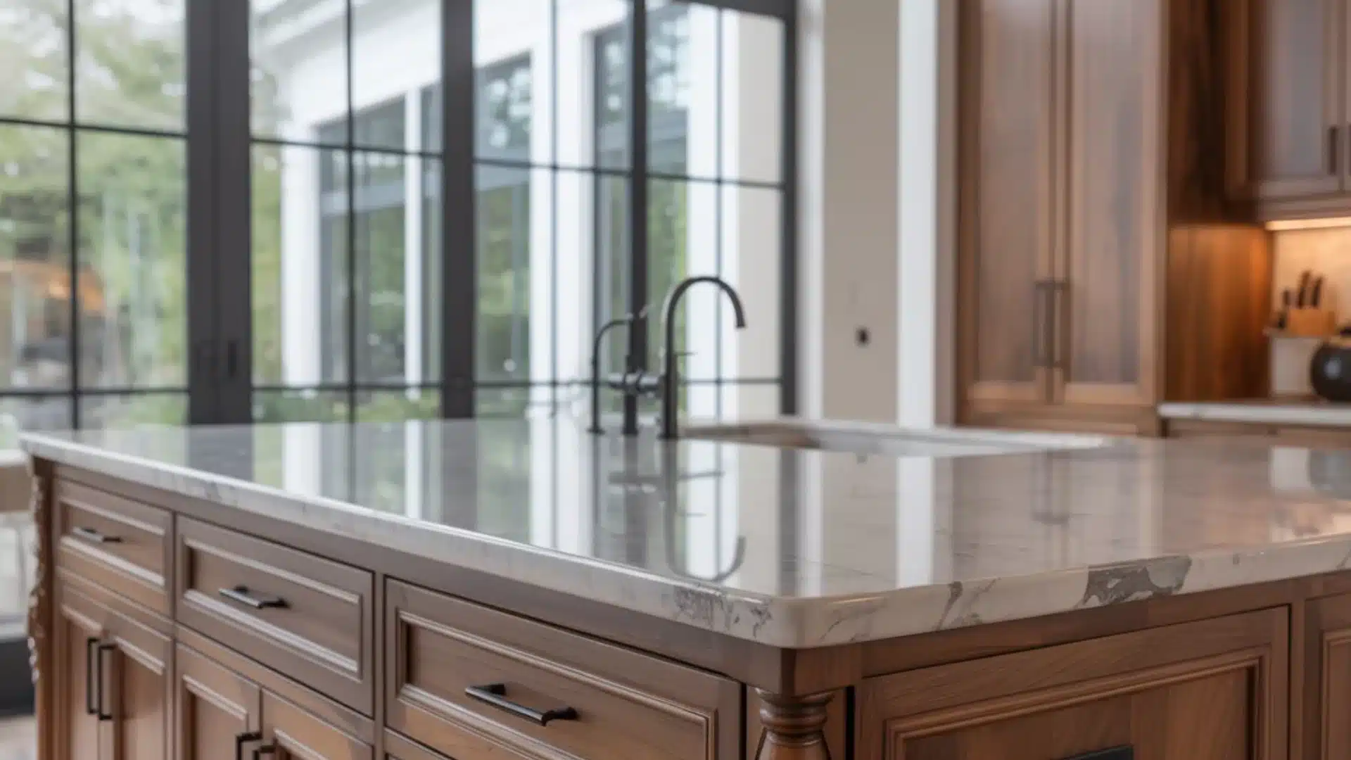 White marble kitchen island with a black faucet over wood cabinets and drawers in front of large black framed glass doors