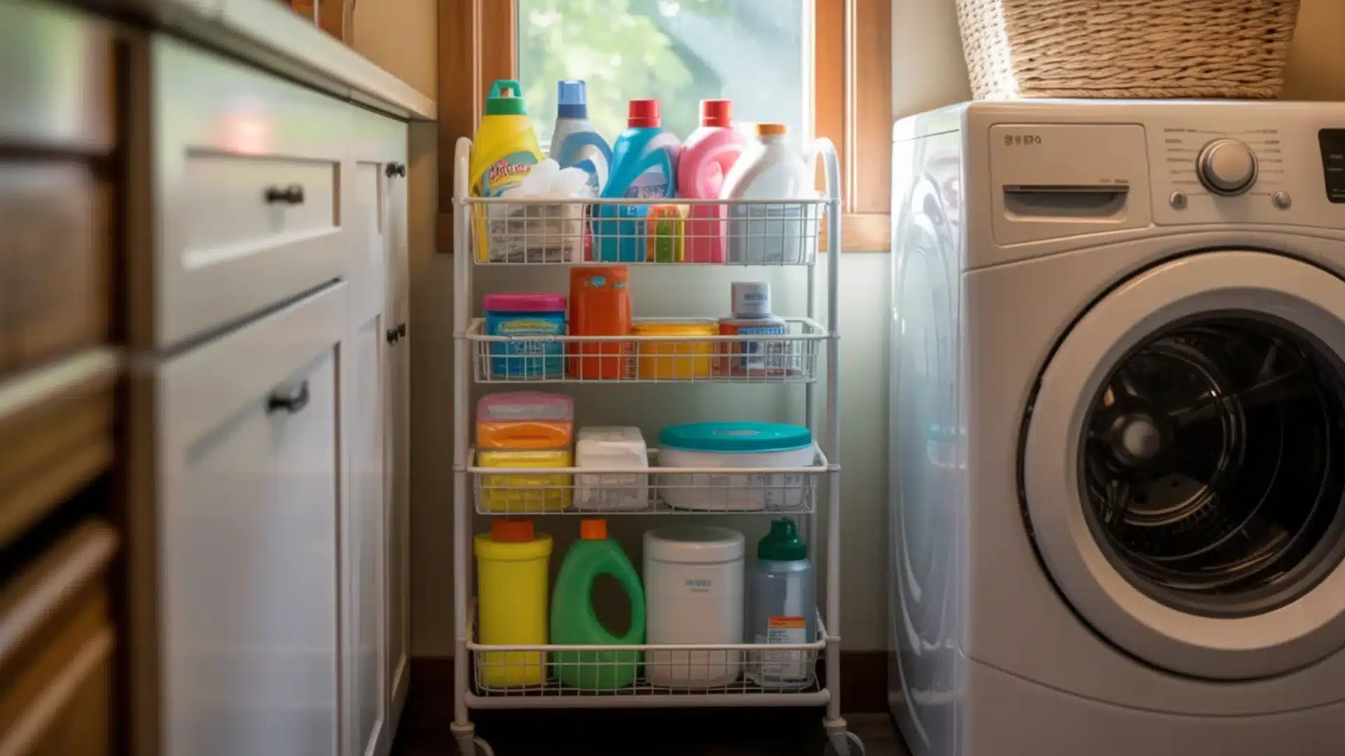 White rolling cart filled with colorful laundry supplies parked between a white washing machine and wooden base cabinets