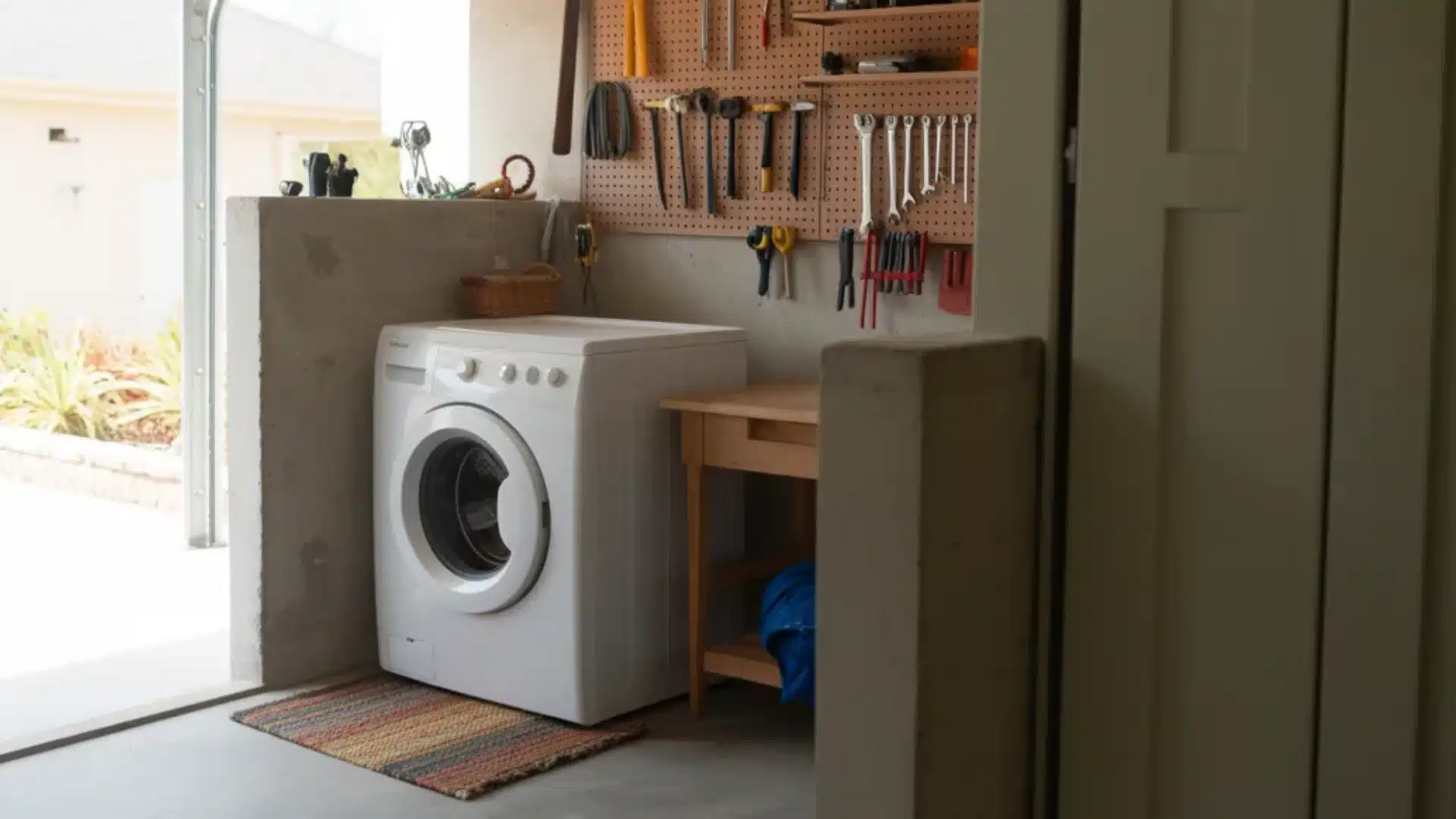 White washing machine in a garage workshop near a wooden table and a pegboard holding various hand tools and equipment