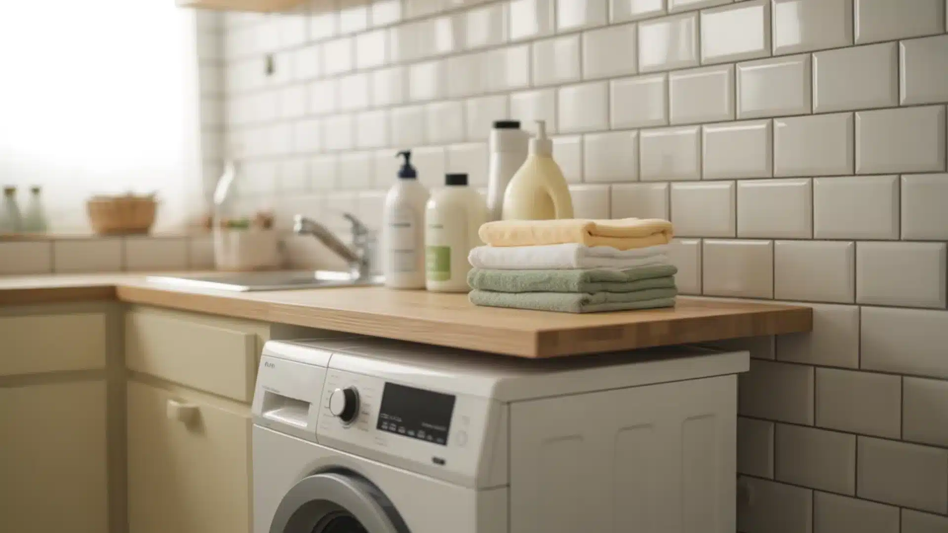 White washing machine under a wood counter with folded towels and soap bottles against a white subway tile kitchen wall