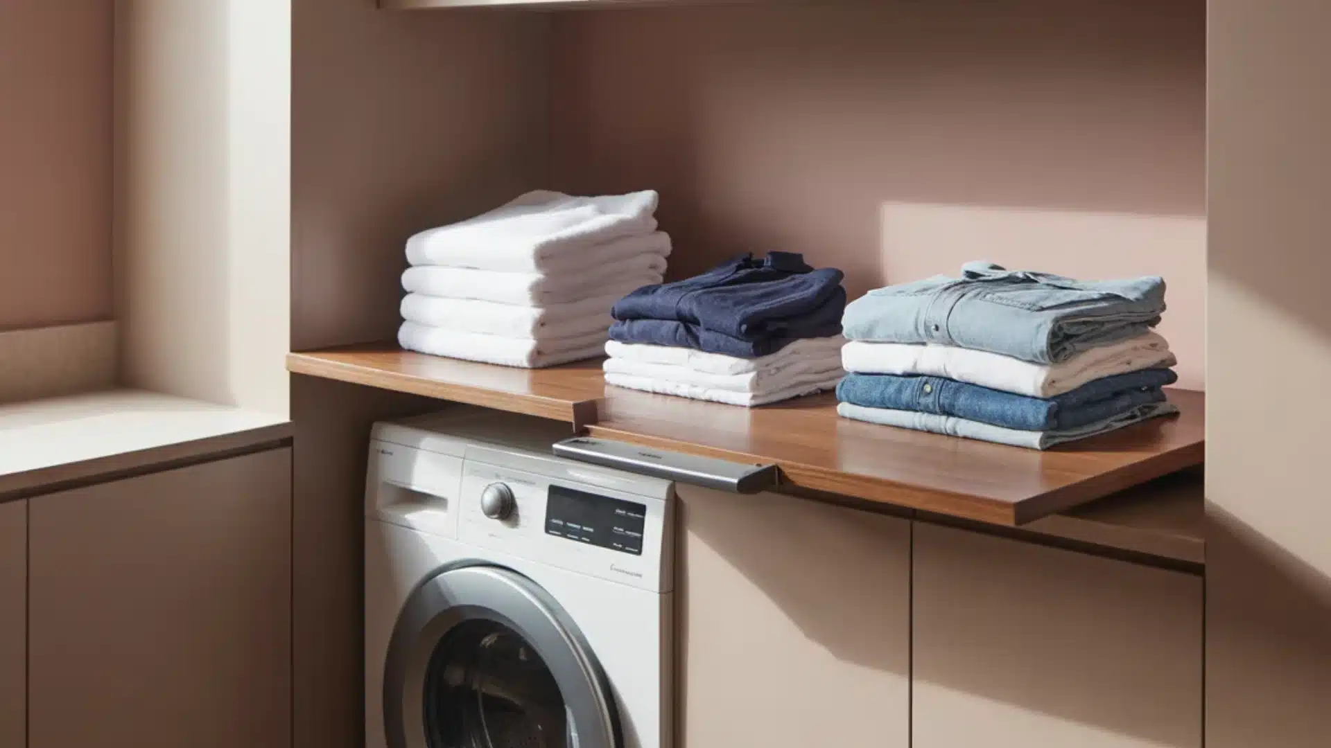 White washing machine with a wooden shelf holding stacks of folded towels and blue shirts in a modern beige laundry room