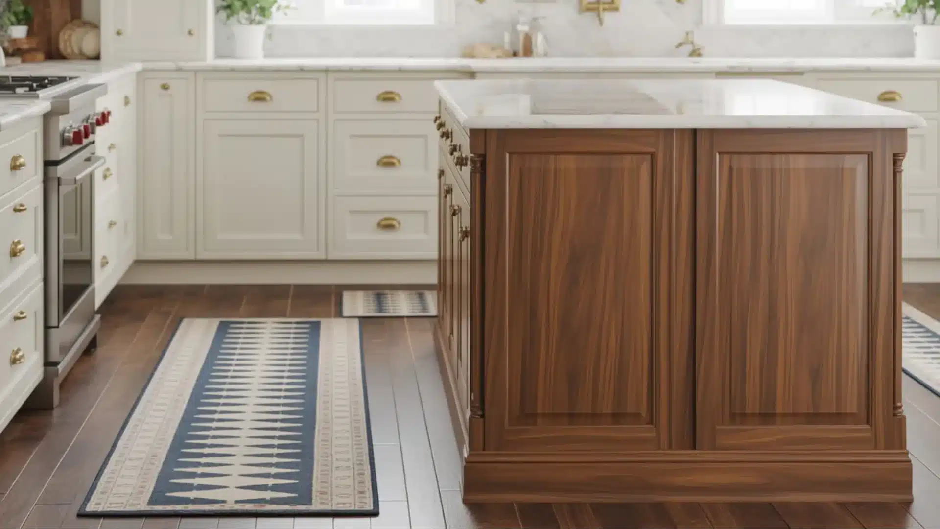 Wood kitchen island with white cabinets and a blue runner rug over dark hardwood floors in a sunny home