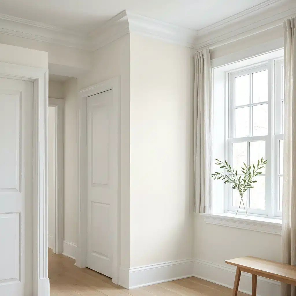A bright white room featuring a large window and a simple wooden bench against the wall