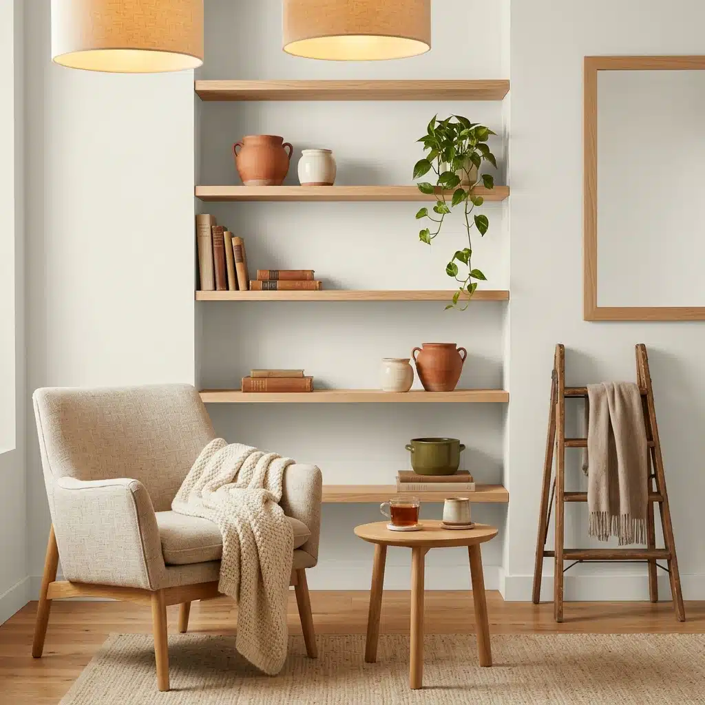 A cozy living room featuring a chair, a bookshelf filled with books, and a standing lamp illuminating the space