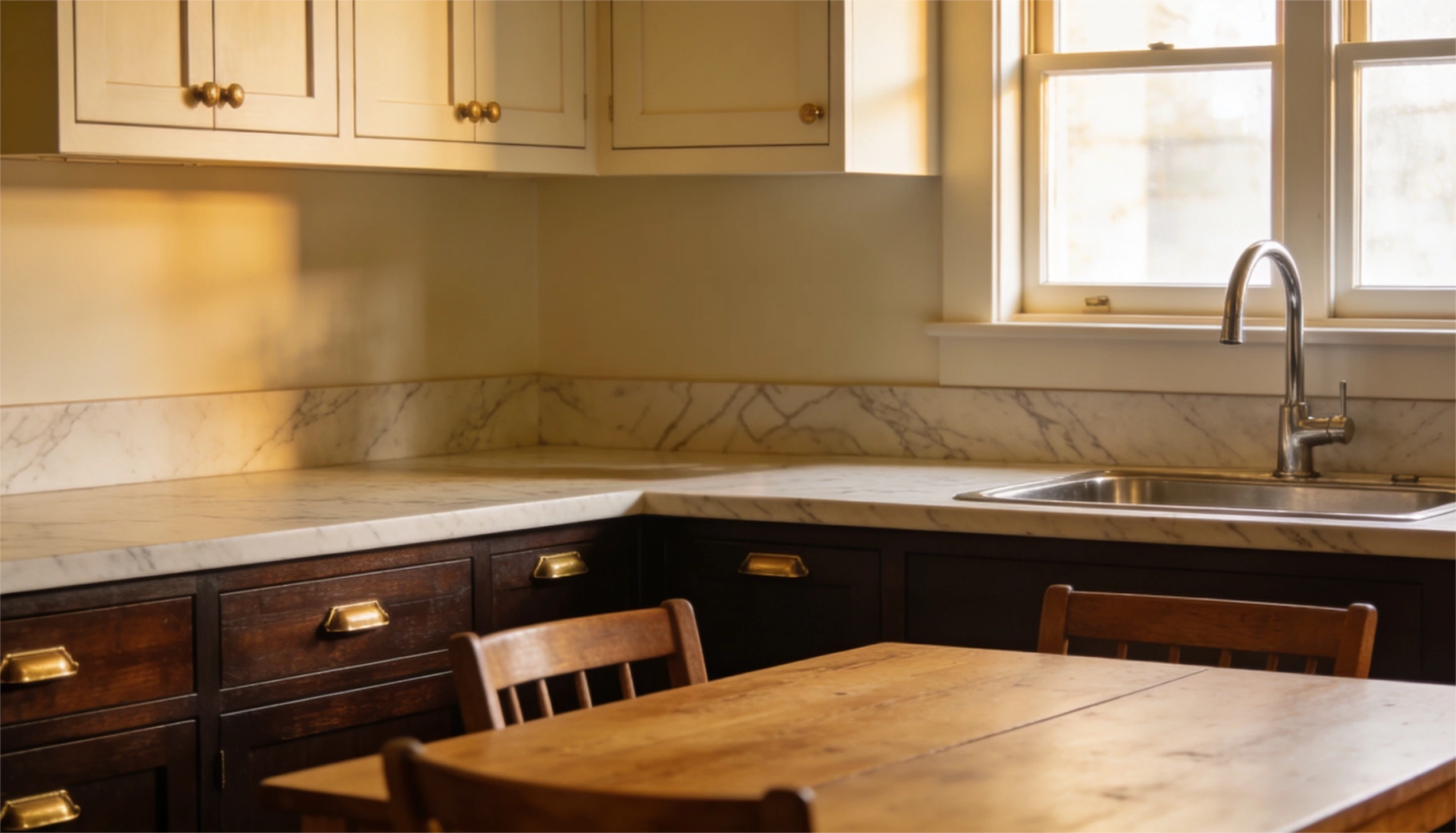A kitchen with natural cream upper cabinets, dark wood lower cabinets, brass hardware, marble counters, and soft sunlight by the window