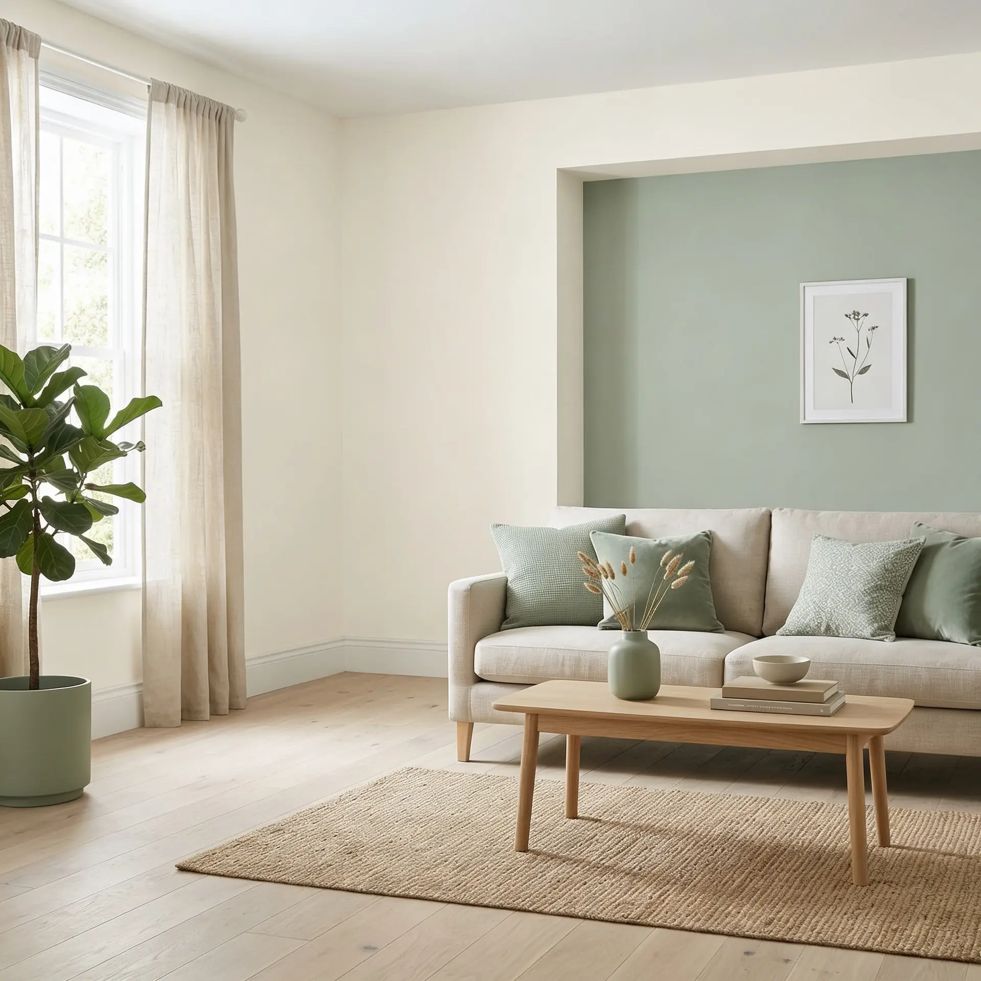 A living room featuring green walls and stylish white furniture, creating a fresh and modern atmosphere