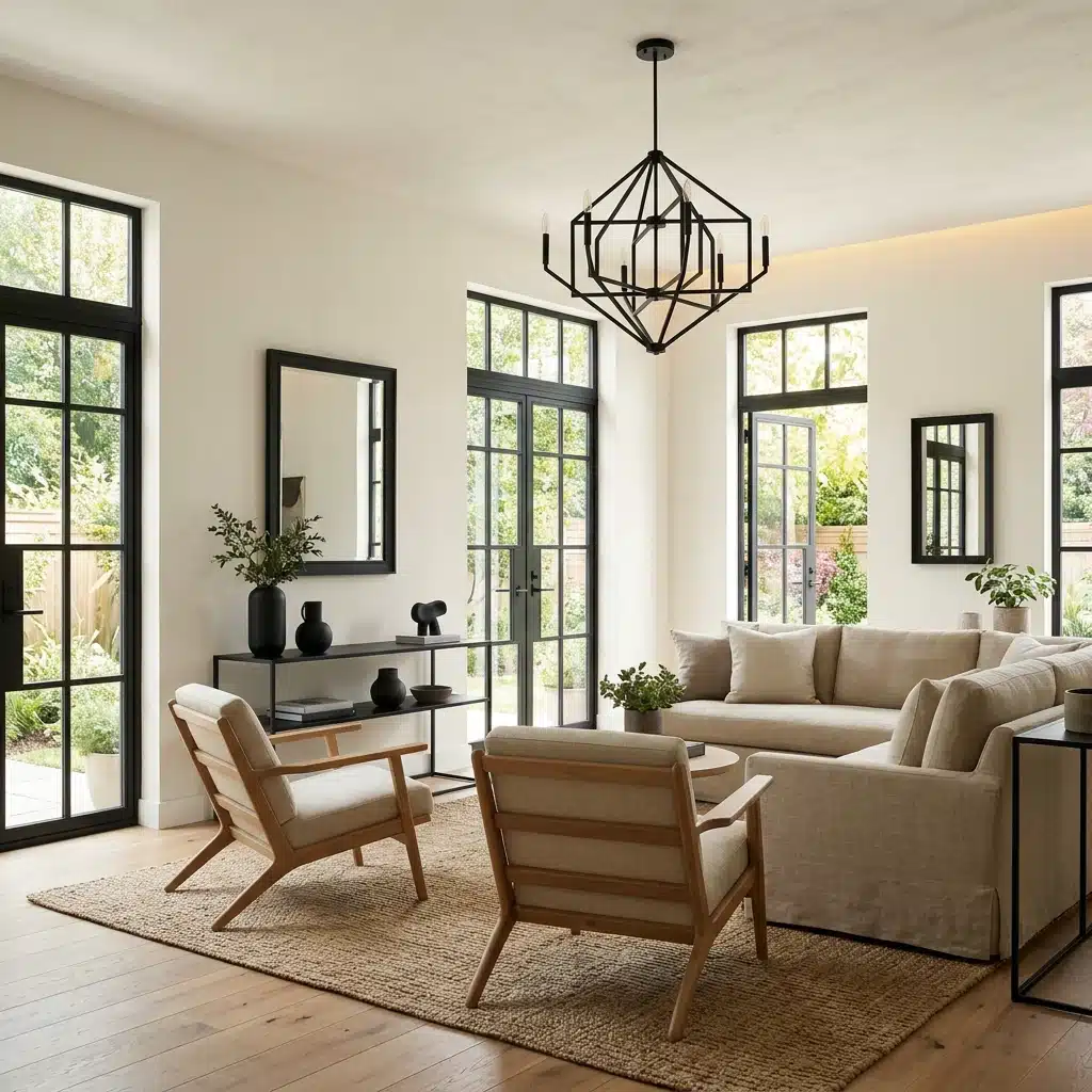 A spacious living room featuring large windows that let in natural light and an elegant chandelier hanging from the ceiling