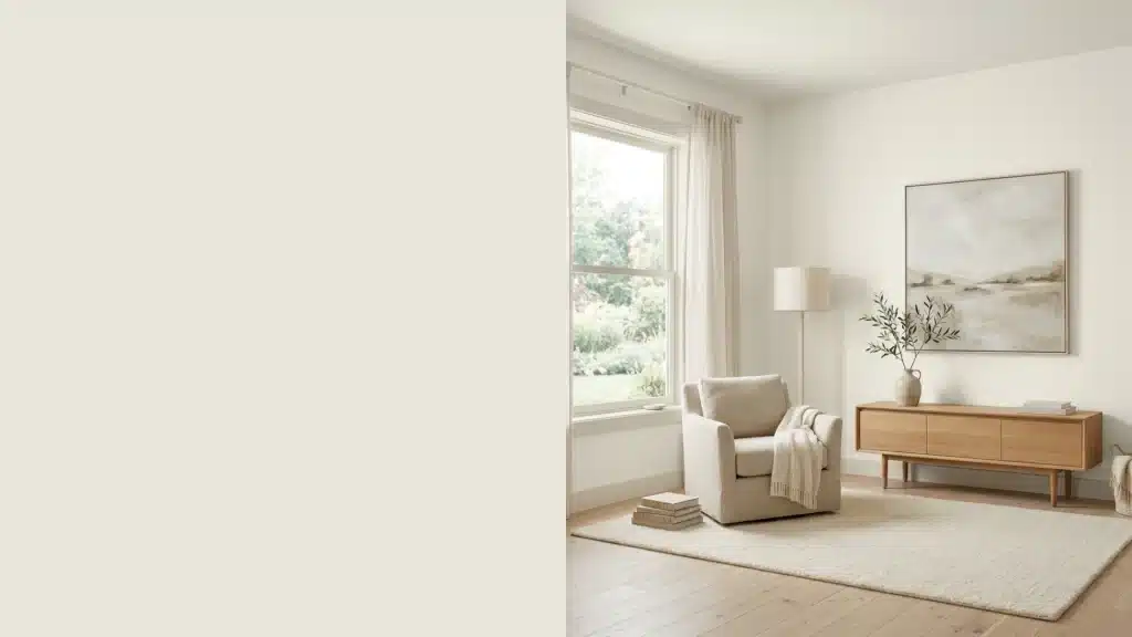A stylish living room with a single chair and an artistic painting displayed prominently painted in dove wing Benjamin Moore color