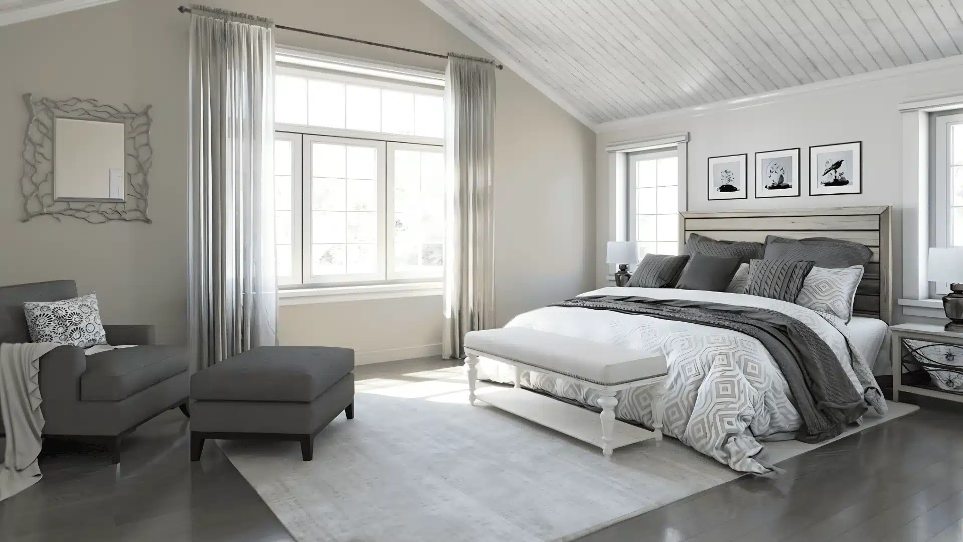 Bedroom with gossamer veil greige walls, soft bedding, calm setting, natural light and minimal decor