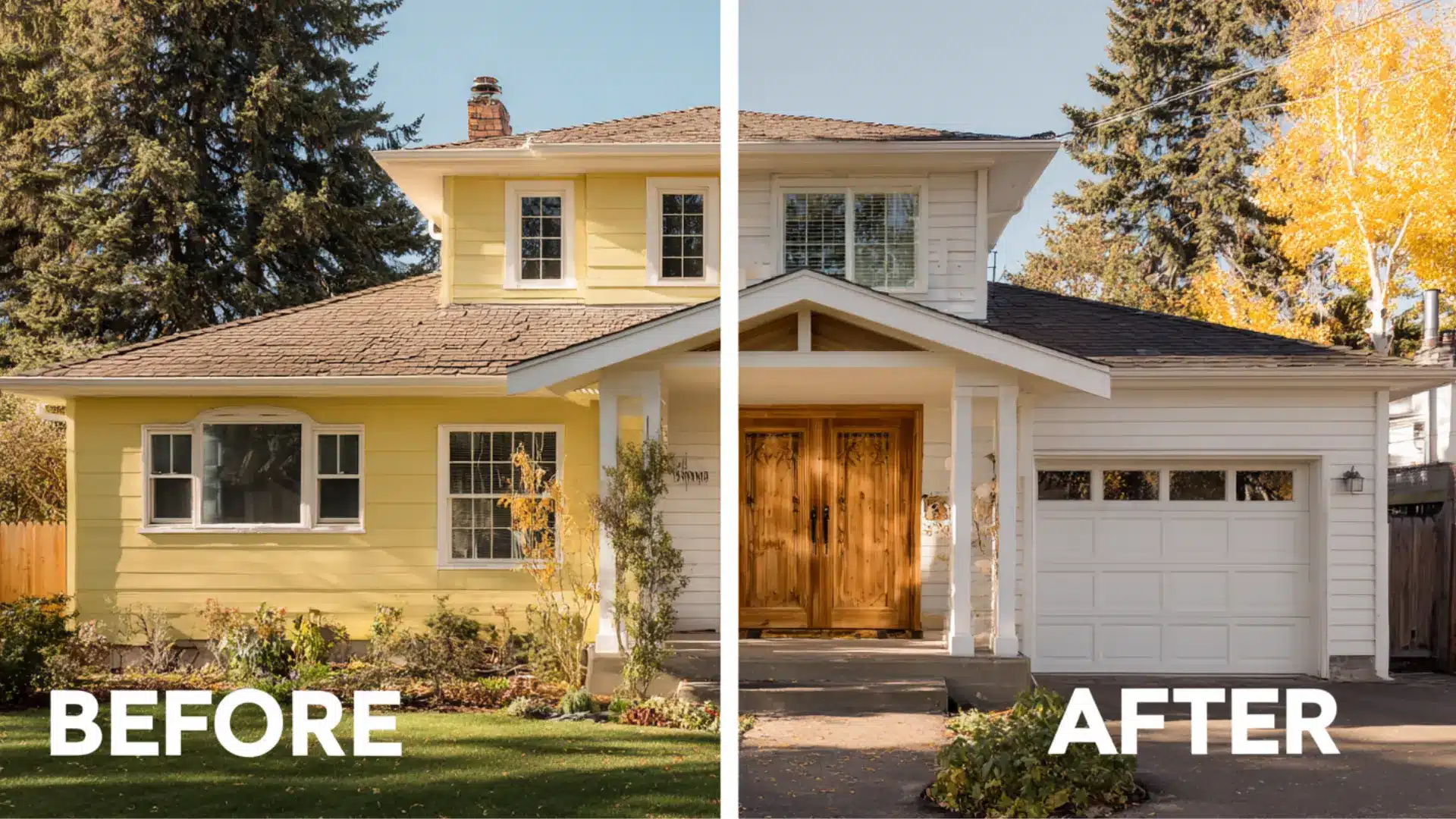 Before and after home exterior change from yellow to oyster white sherwin williams siding with wood doors and white garage
