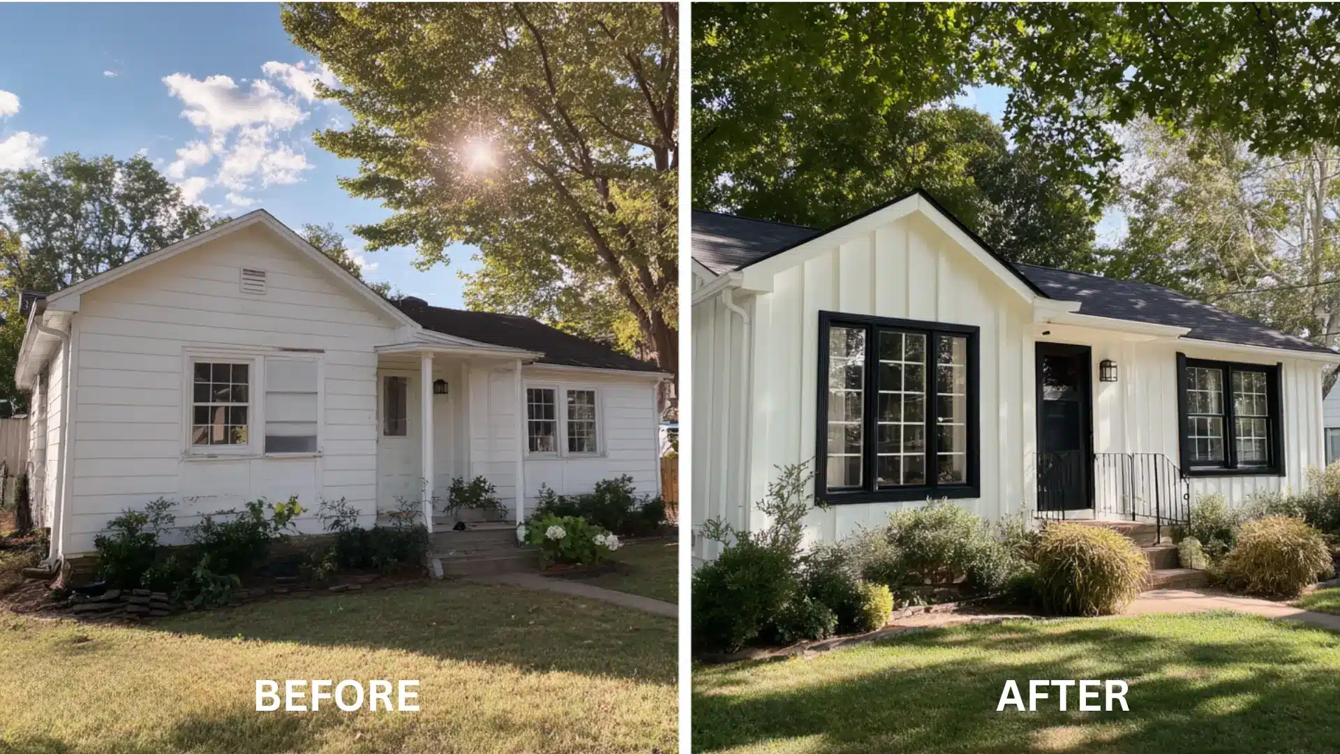 Before and after home remodel with board and batten siding in oyster white sherwin williams and black window trim accents