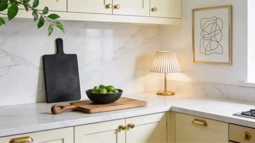 Benjamin Moore Natural Cream cabinets with brass hardware, marble backsplash, wood board, black decor, and soft kitchen lighting