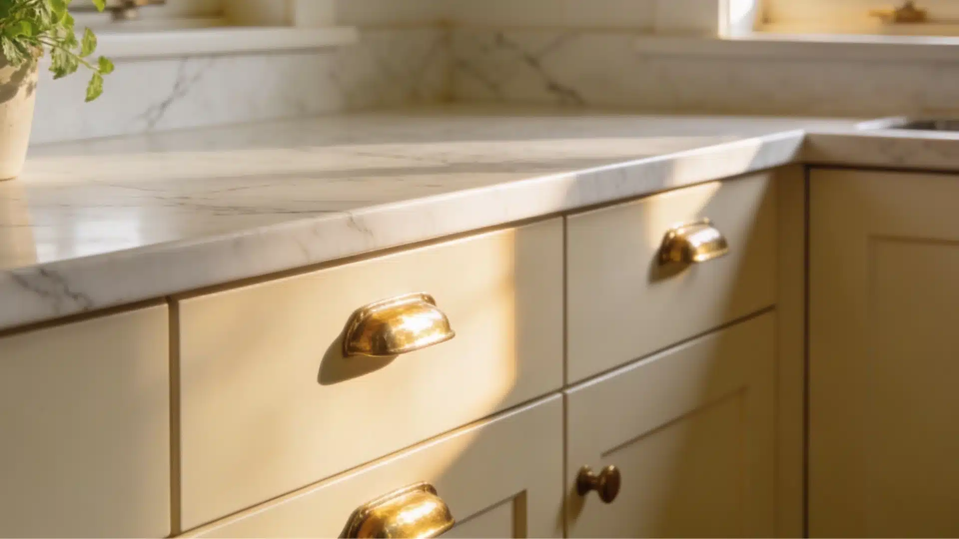 Benjamin Moore Natural Cream cabinets with brass pulls, marble countertop, and warm sunlight create a soft and calm kitchen feel
