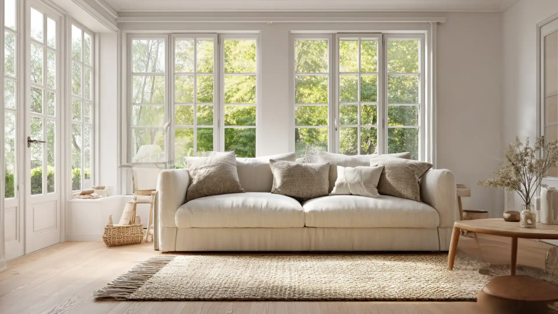 Bright airy living room with wood beams white sofa rattan chair large mirror potted plant and sunny windows over floor