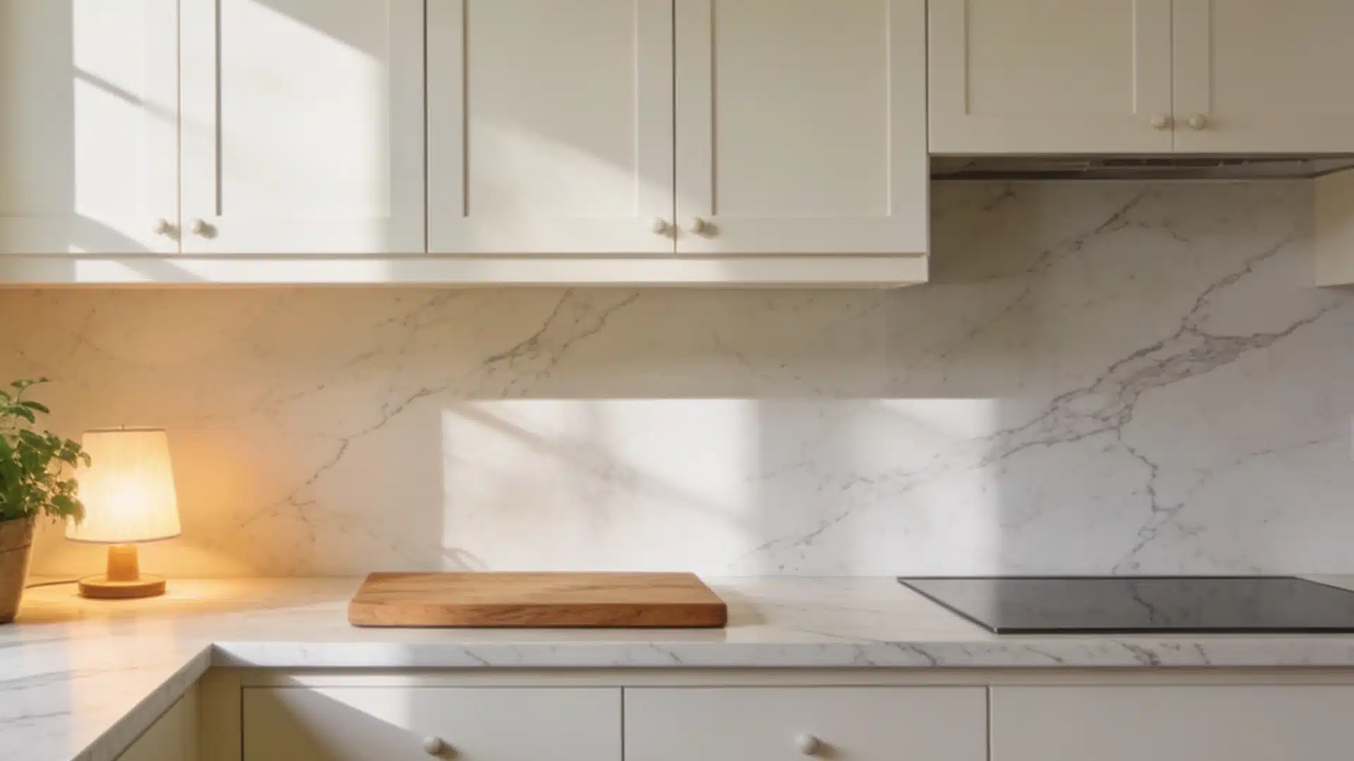 Bright kitchen with natural cream cabinets, a marble backsplash, soft sunlight, a wood board, and a lamp, creating a calm, space