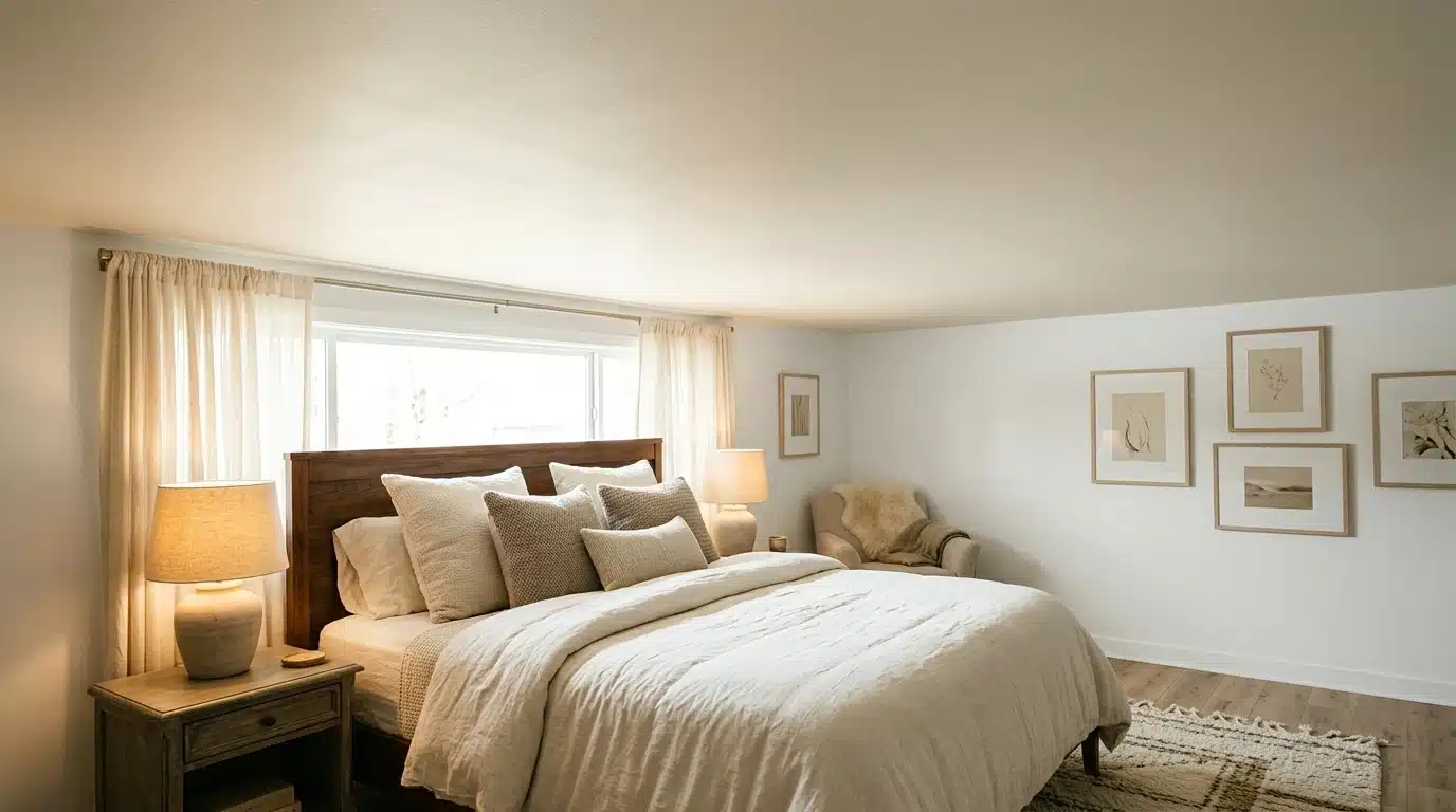 Bright, minimalist bedroom featuring a large wooden bed with neutral linen bedding, flanked by nightstands with glowing lamps, and light-toned artwork on white walls