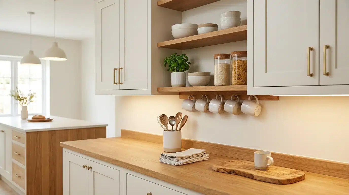 Bright, modern kitchen featuring light wood countertops, white cabinetry with brass hardware, open shelving, and under-cabinet lighting