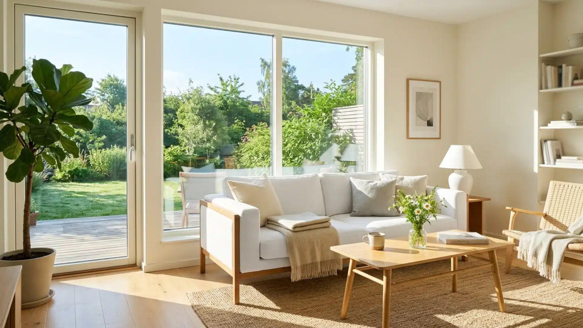 Bright, modern living room with white sofa, wooden coffee table, and large windows overlooking a lush green backyard