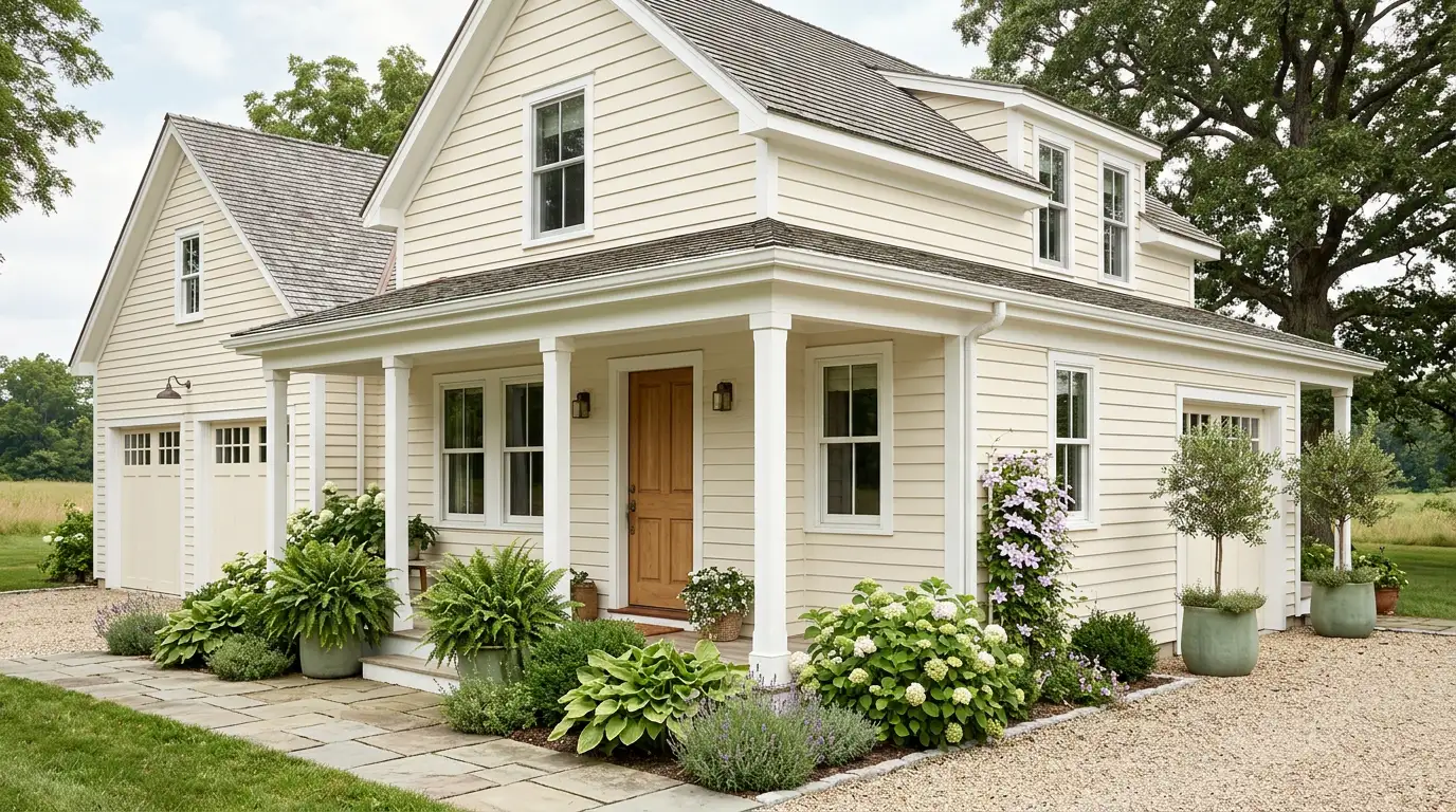 Cream-colored clapboard farmhouse with a covered front porch, light wood door, and lush landscaping featuring ferns, hydrangeas, and potted olive trees