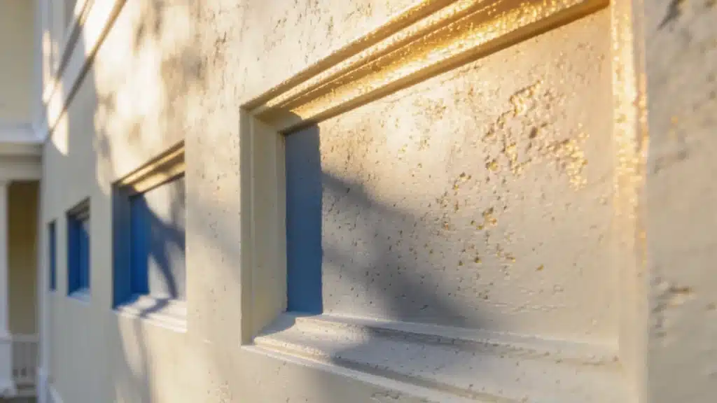 Exterior wall painted Benjamin Moore Natural Cream with textured stucco, soft shadows, and warm neutral tones