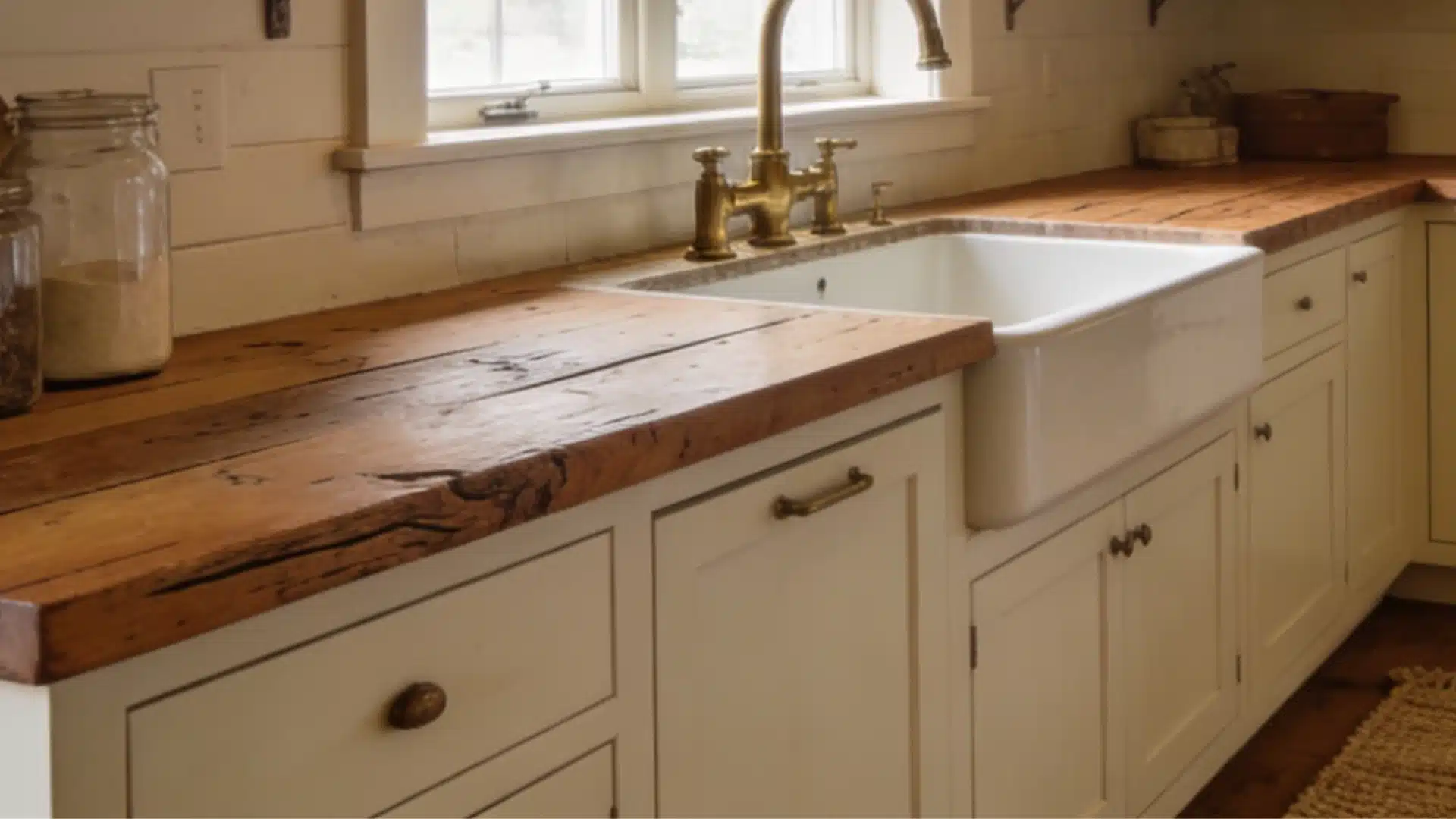 Farmhouse kitchen with natural cream cabinets, rustic wood countertop, apron sink, brass faucet, and warm lighting
