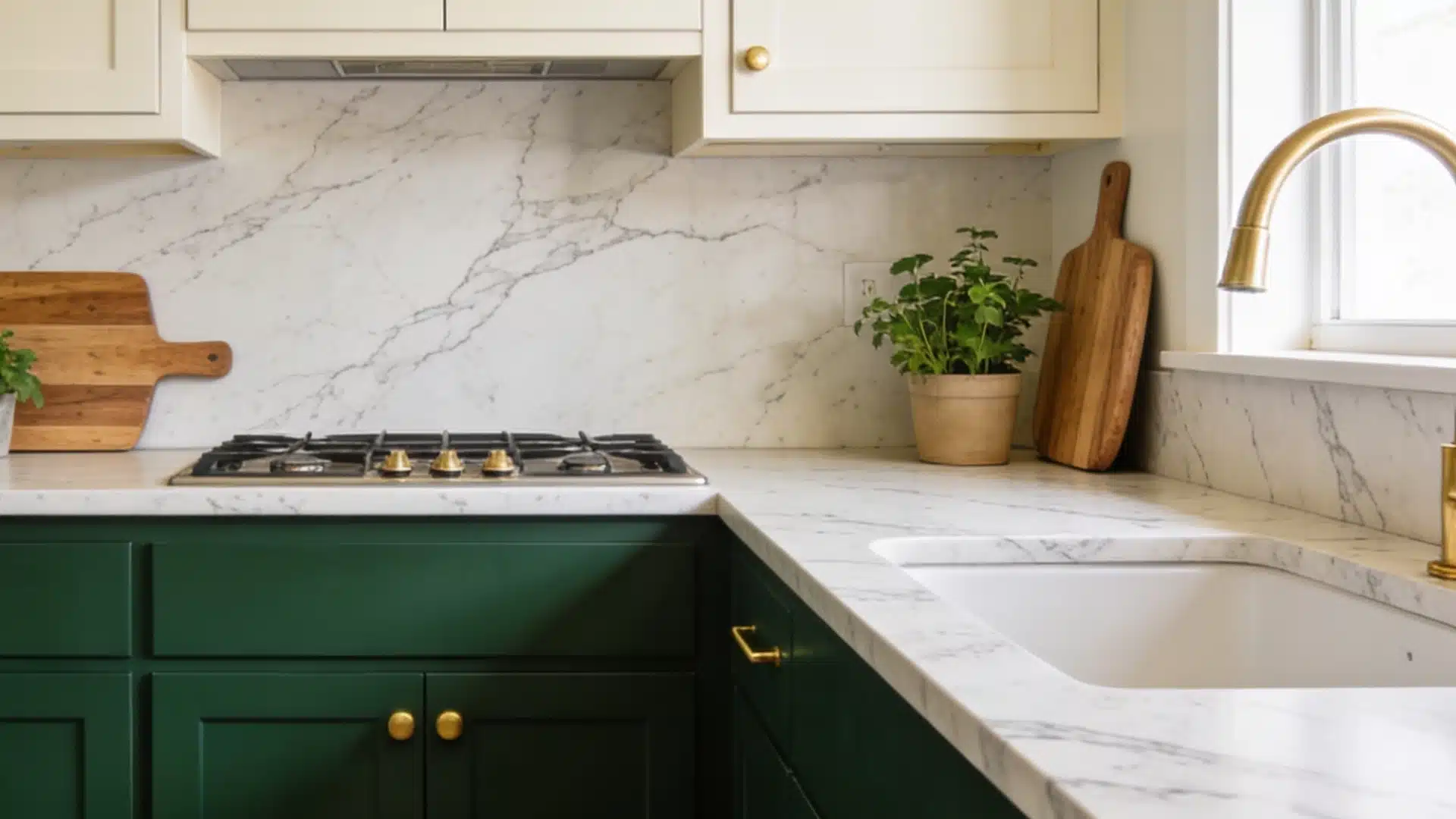Green lower cabinets with brass hardware, and natural cream cabinets on top, with marble countertops and backsplash in a soft natural light