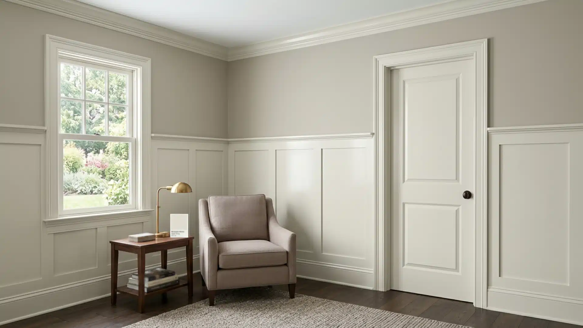 Interior view of a room featuring light gray walls with white wainscoting, a single upholstered armchair, a dark wood side table, and a window overlooking a lush garden