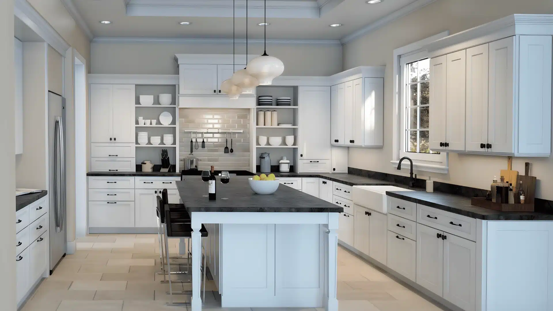 Kitchen with greige walls, cabinets, soft lighting, neutral tones and clean modern layout
