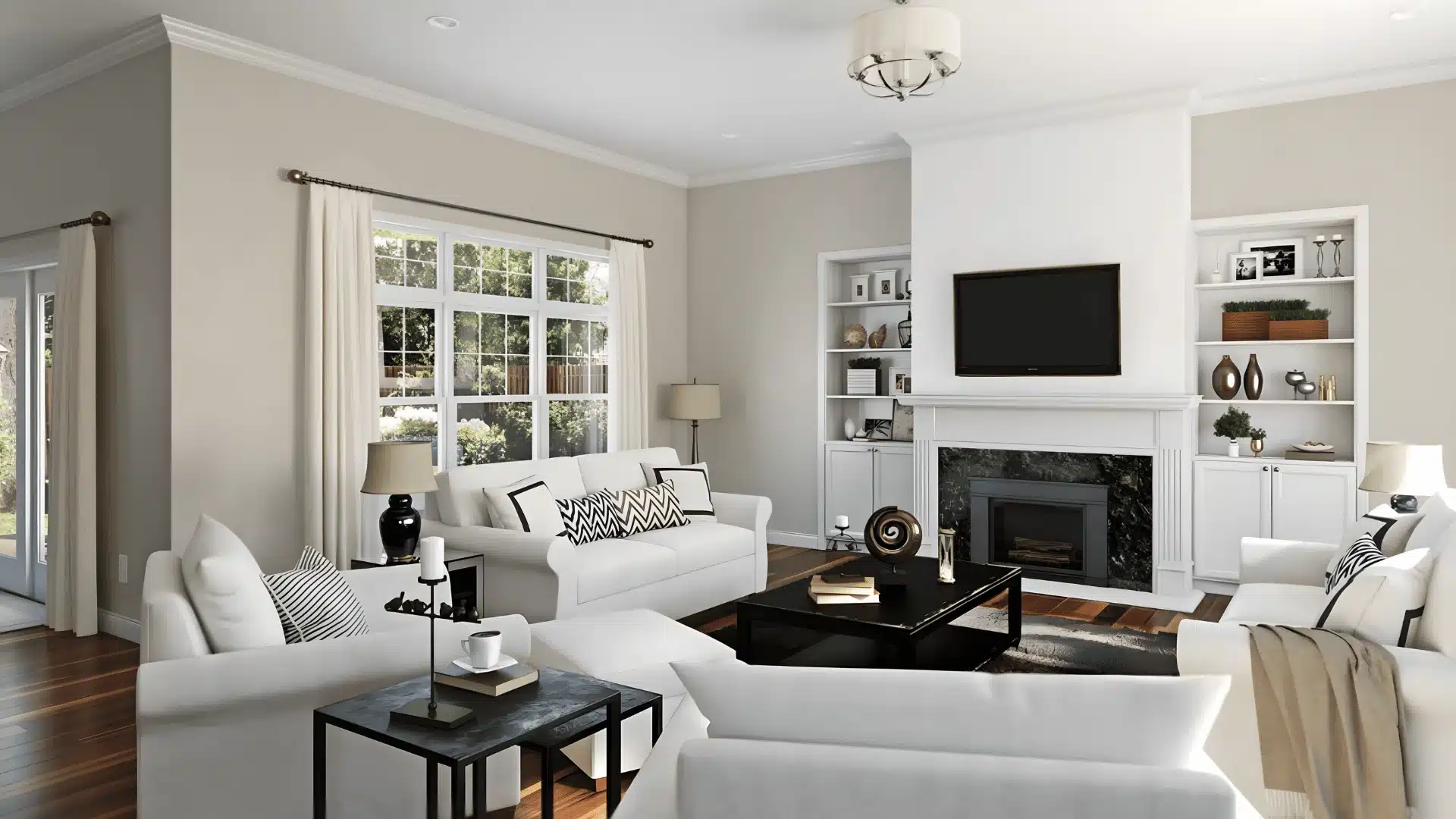 Living room with greige walls, neutral sofa, natural light, balanced decor and soft tones