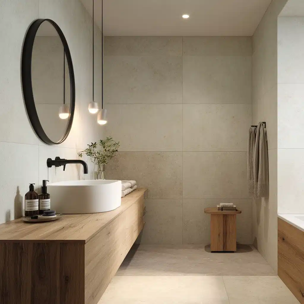 Minimal bathroom with oyster white tiled walls wood vanity vessel sink round black mirror pendant lights and wood stool (1)