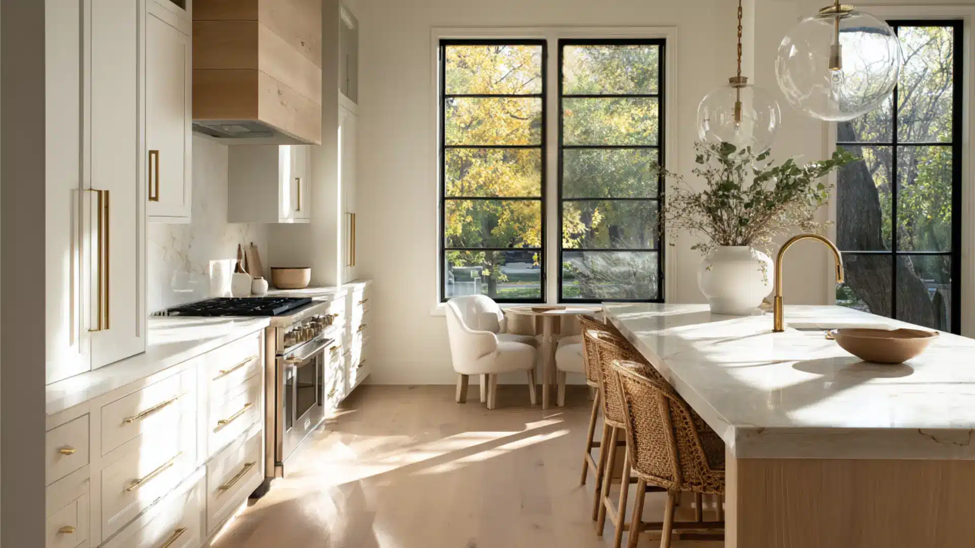 Modern white kitchen with marble island gold hardware globe lights woven stools and large windows viewing autumn trees