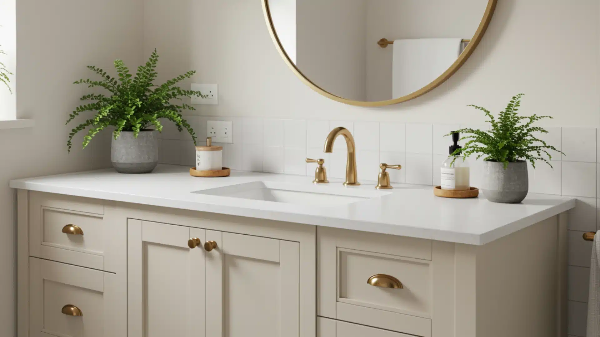 Natural cream bathroom vanity with a white countertop, a gold faucet, a round mirror, green plants, and a clean, modern design in soft lighting