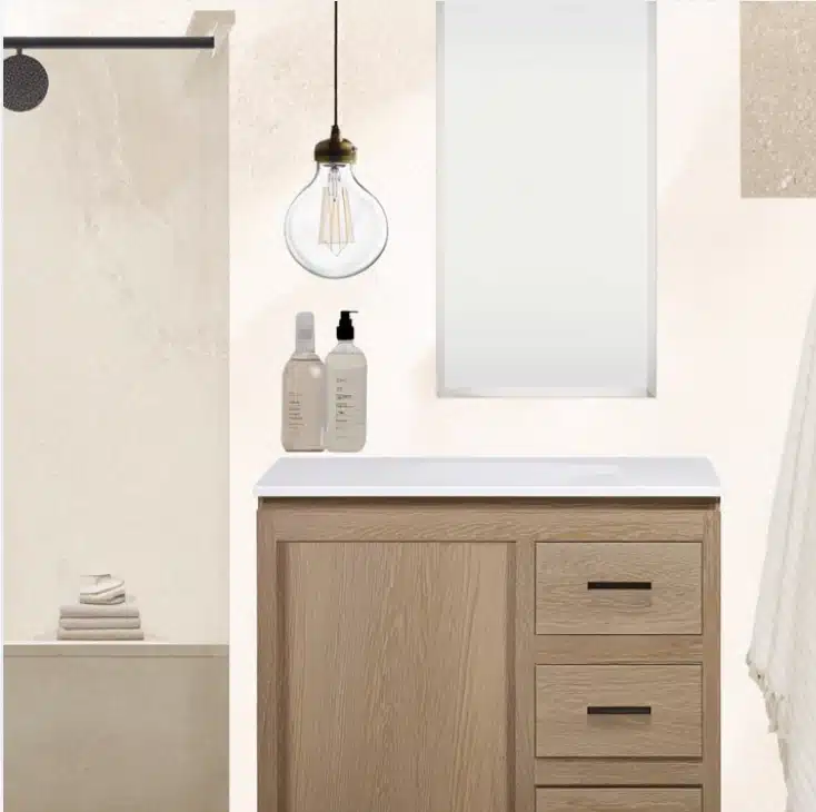 Natural cream bathroom with warm tones, wood vanity, matte black fixtures, soft lighting, and clean modern styling