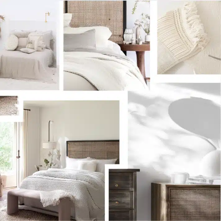 Natural cream bedroom mood board with layered neutral bedding, textured pillows, warm wood furniture, with soft light