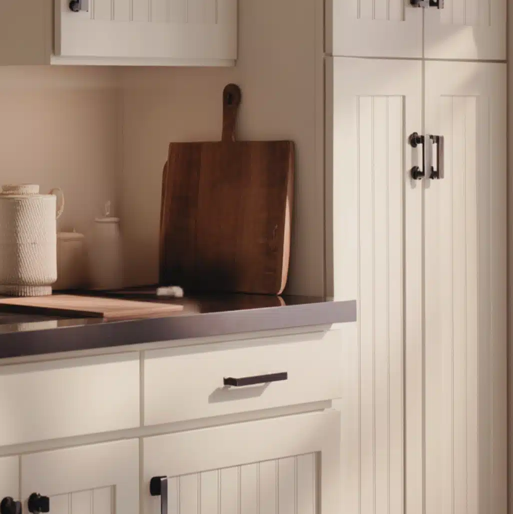 Natural Cream by Benjamin Moore kitchen with warm beige cabinets, matte black hardware, wood accents, and soft light