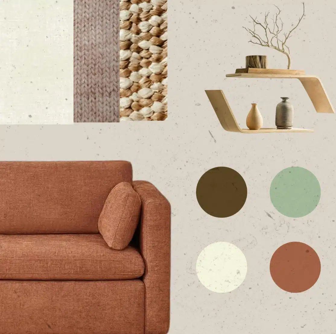 Natural Cream by Benjamin Moore living room moodboard with neutrals, textured swatches, terracotta sofa, light wood, and soft palette