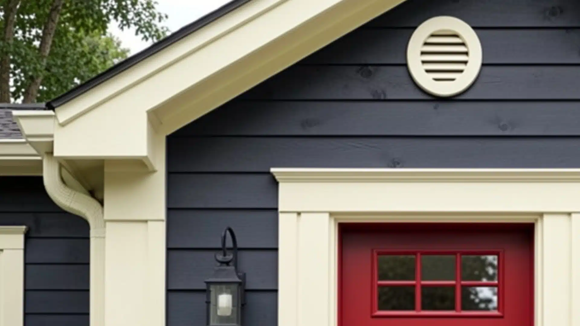 Natural Cream trim on dark navy exterior with bold red door, soft warm contrast on fascia, windows, and roofline