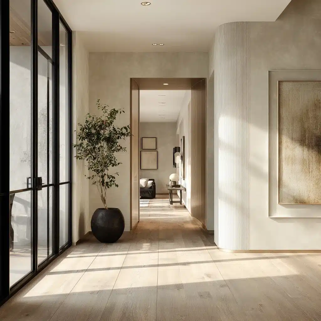 Open hallway with oyster white walls light wood floors black frame glass doors potted plant and a curved fluted wall side (1) (1)