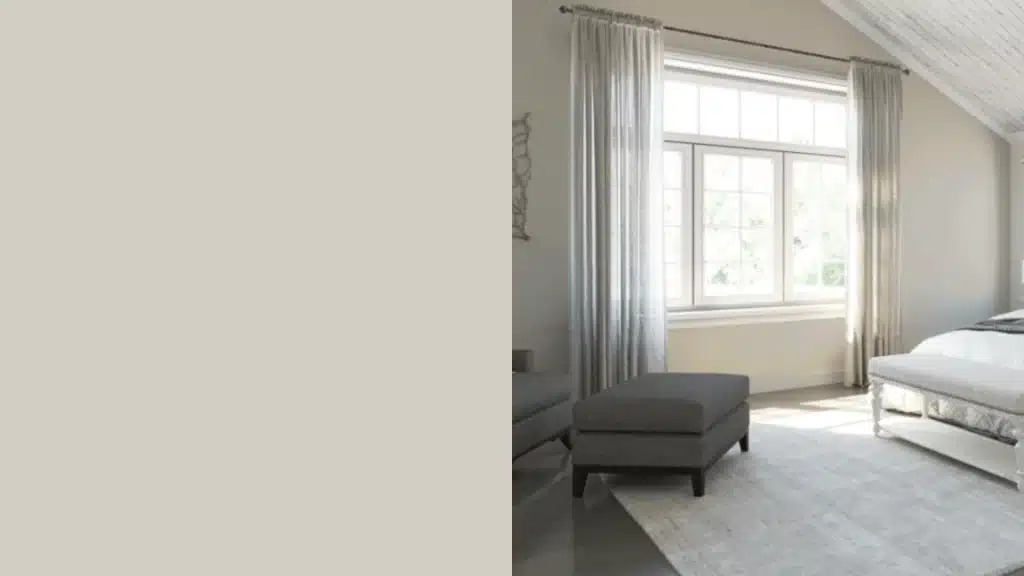 sherwin williams gossamer veil bright bedroom with soft greige walls, large window, sheer curtains, neutral decor and natural light