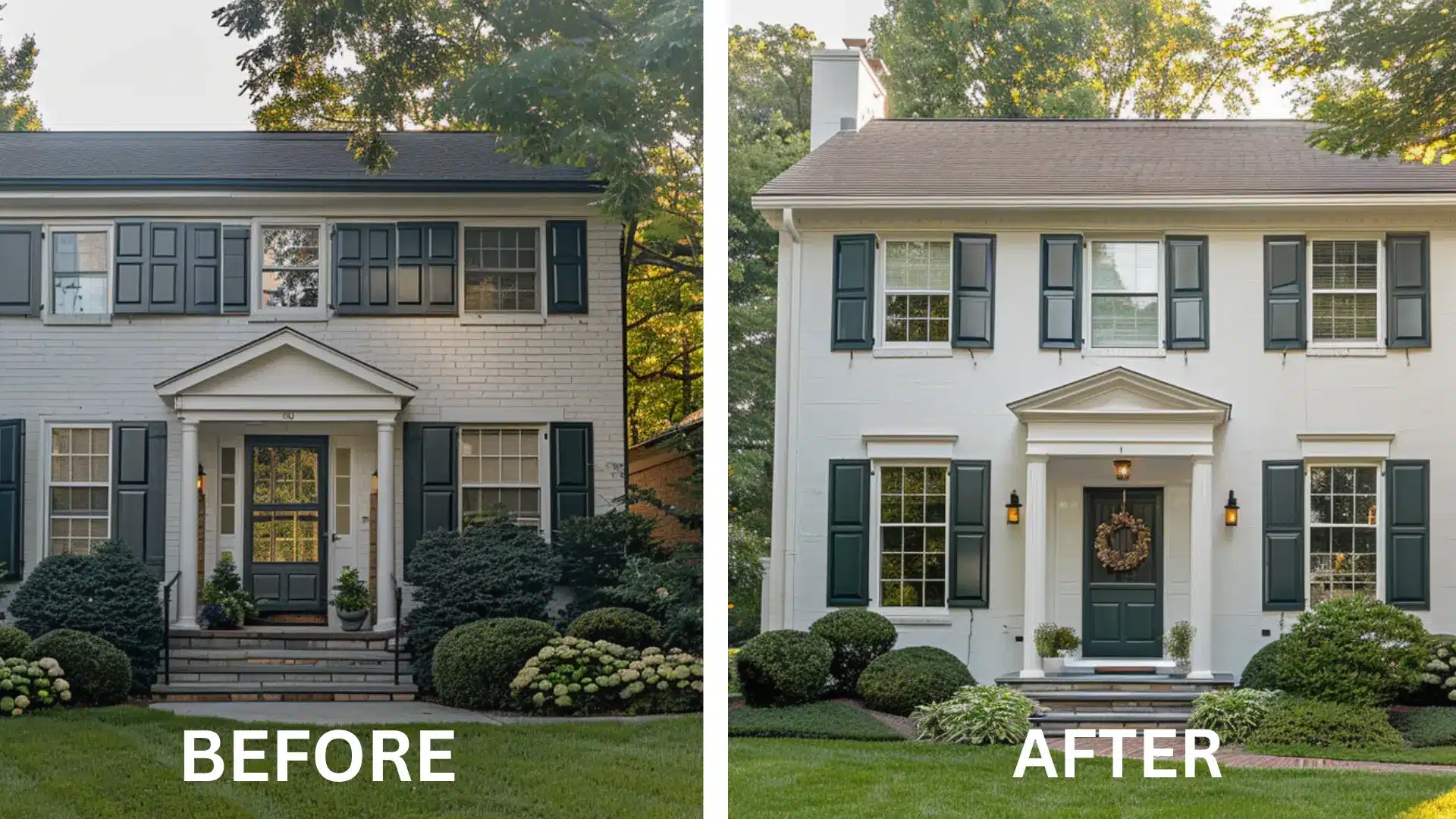 Side by side view of two colonial homes with white brick exteriors dark shutters pediment porches and green landscapes