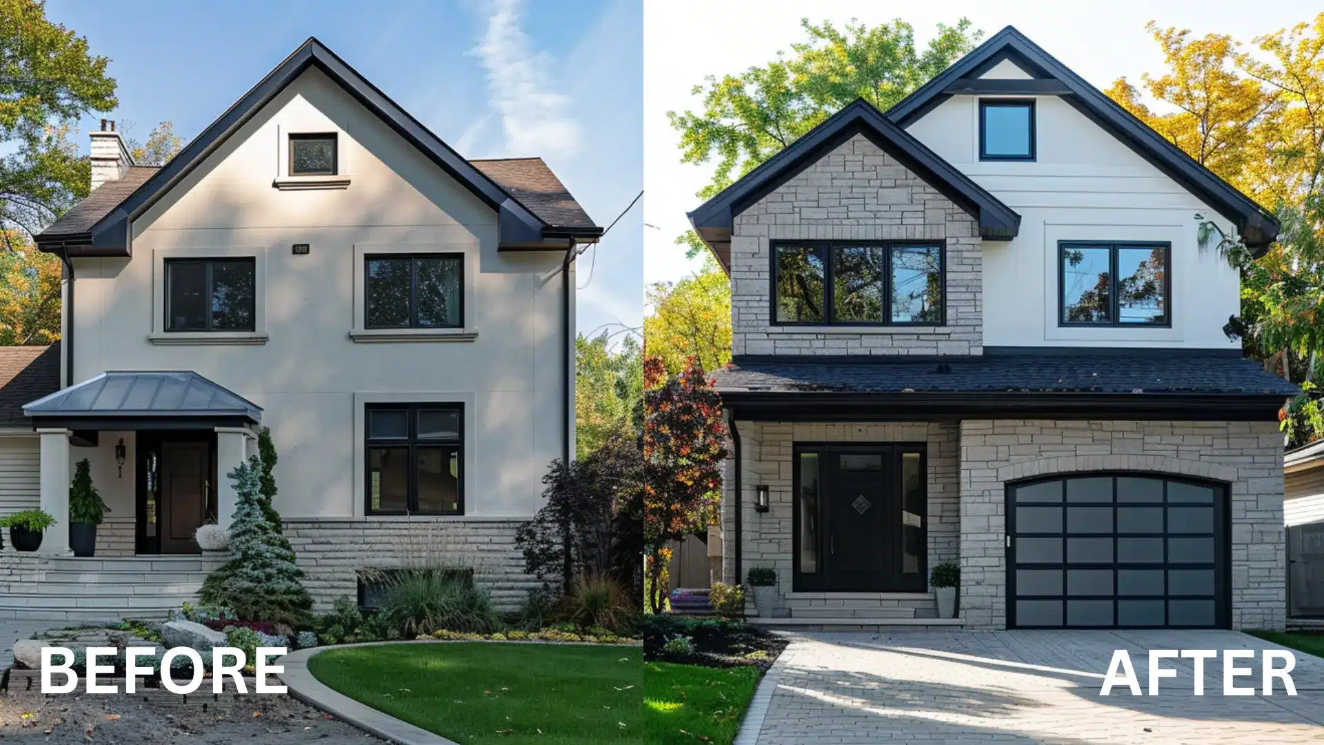 Side by side view of two colonial homes with white brick exteriors dark shutters pediment porches and green landscapes (1)