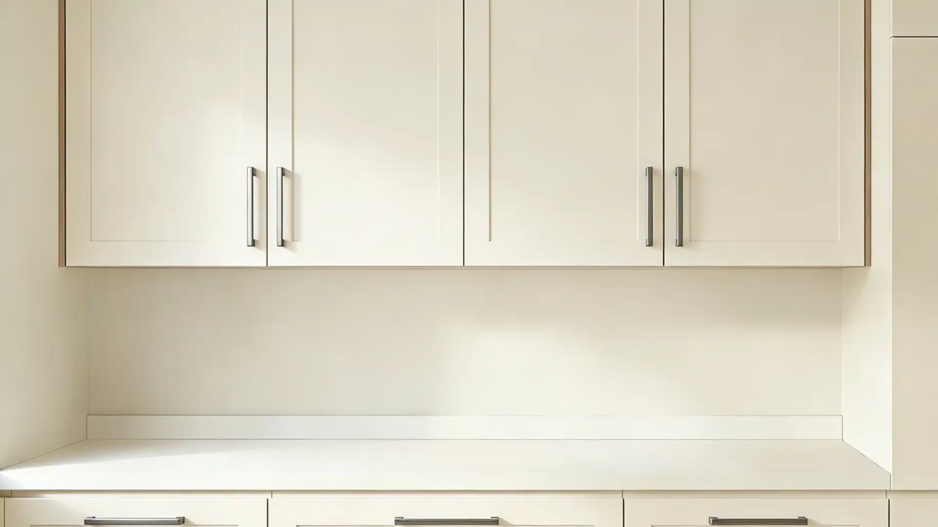 Close up view of off white kitchen cabinets with dark metal handles above a matching countertop and lower drawers