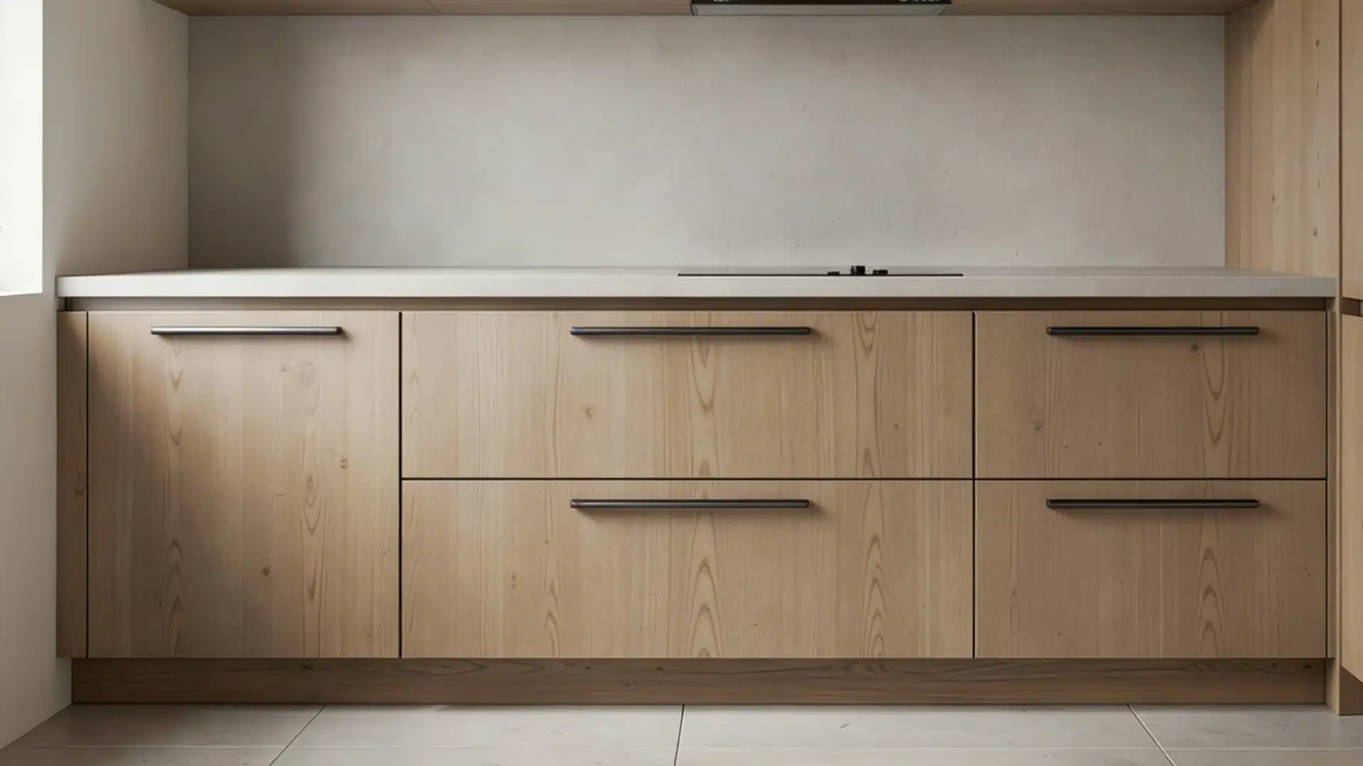 Modern kitchen base cabinets featuring light natural wood grain and dark horizontal pulls