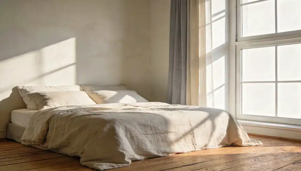 Minimalist bedroom with a linen bedspread with bright sunlight coming through a large gridded window with sheer and gray curtains
