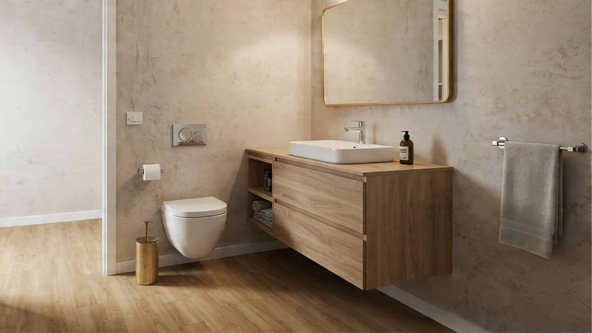 A bathroom featuring a wooden vanity and a white toilet, with neutral-colored walls and tiled flooring.