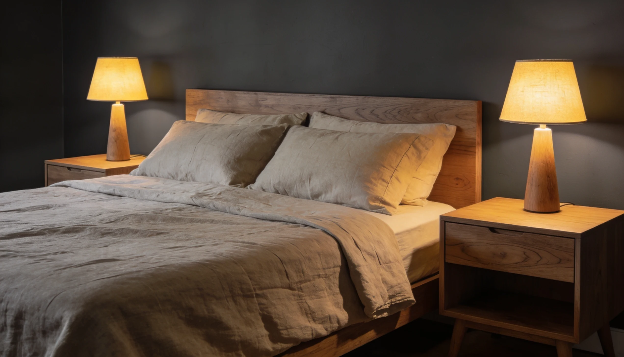 A bedroom with charcoal grey walls, wooden bedside tables, soft lighting, and neutral bedding, showing a modern interior design style