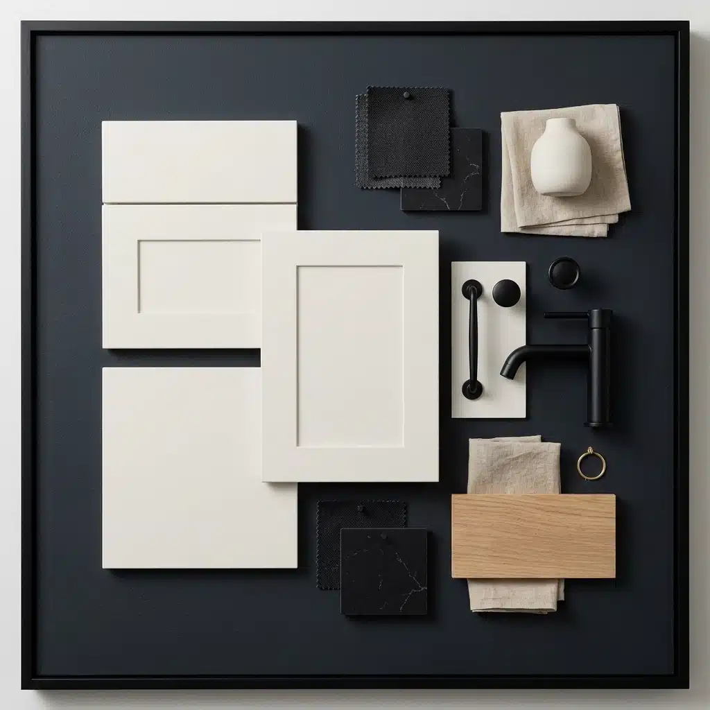 A black frame displaying a collection of white and black items arranged artistically within it